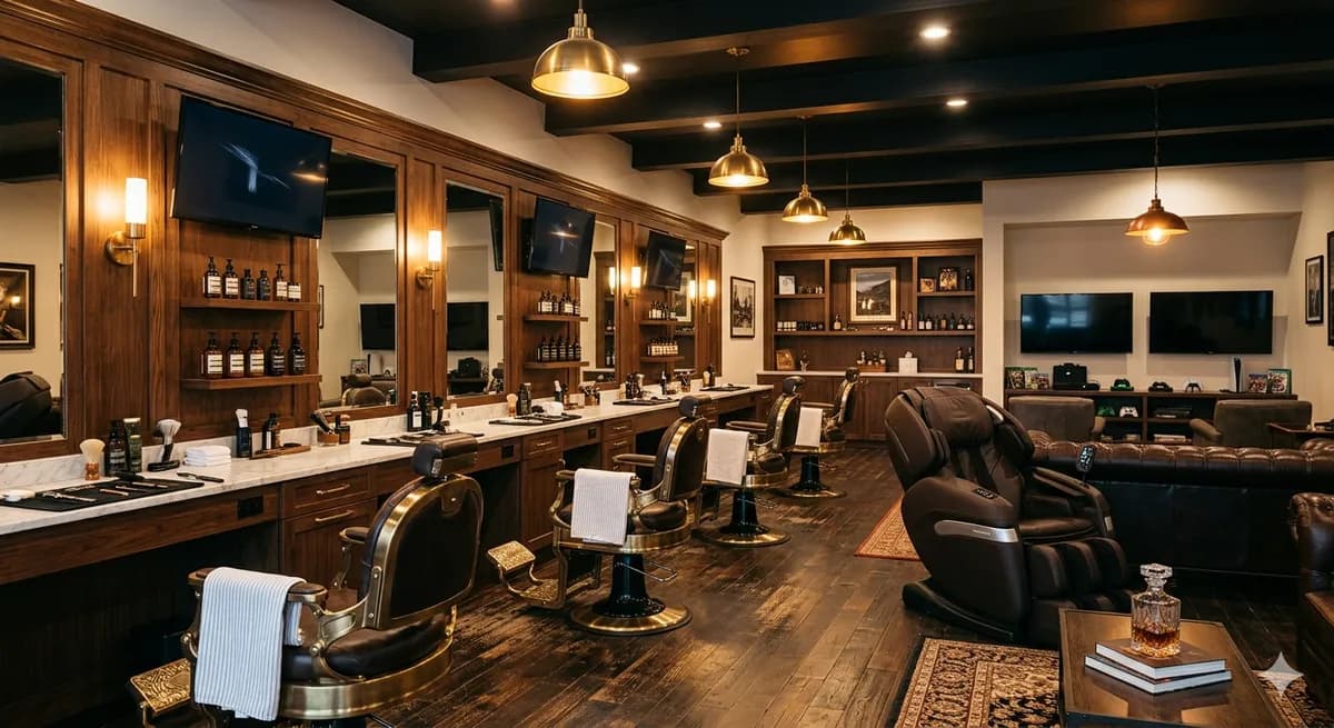 Interior da Barbearia VIP — ambiente premium com cadeiras de barbeiro e área de entretenimento