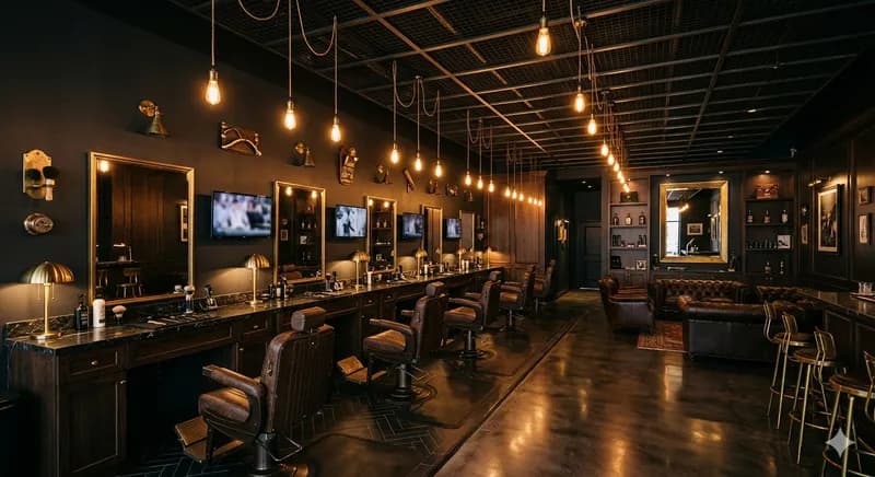 Interior da barbearia VIP — lounge premium com iluminação escura e detalhes dourados