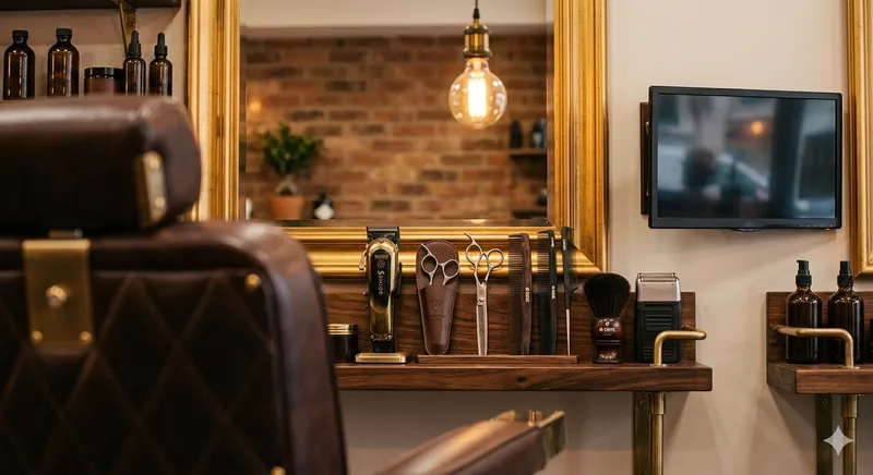Estação de barbeiro com TV individual e ferramentas profissionais