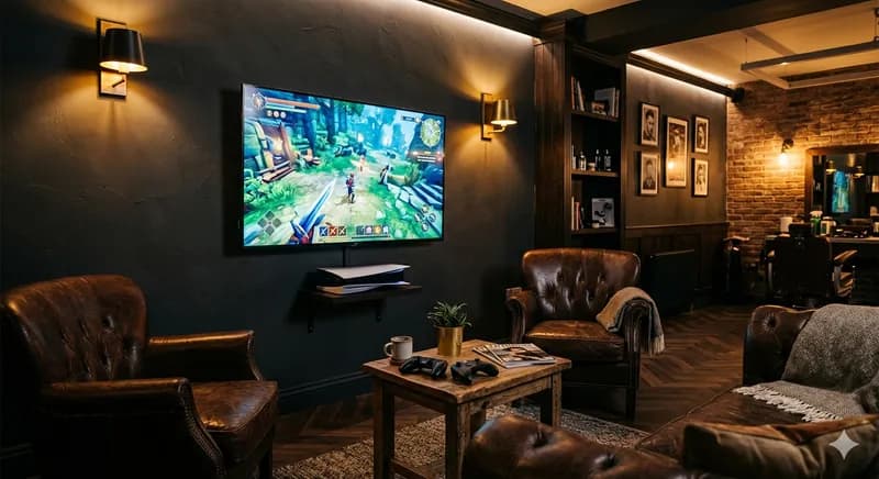 Consolas de jogos e área de entretenimento na sala de espera